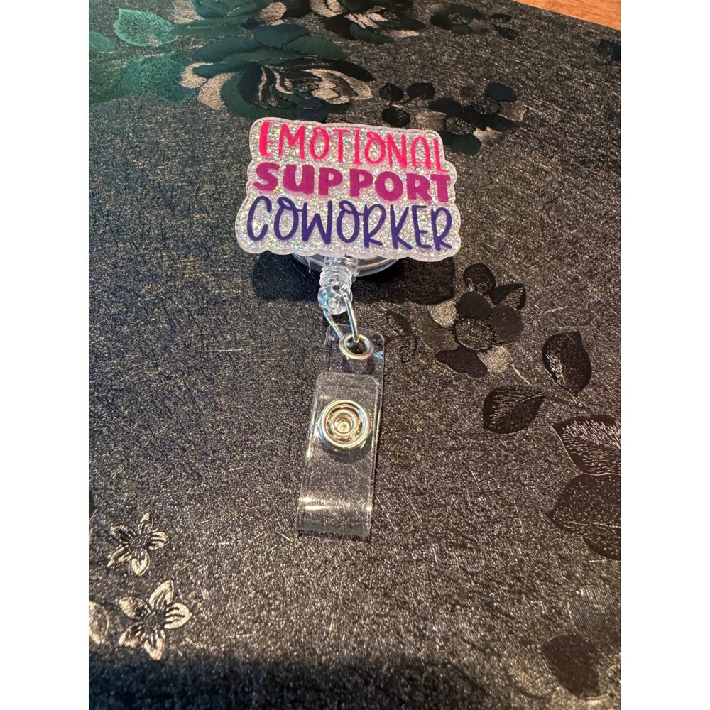 Emotional Support Coworker Retractable Badge Reel ID Holder Glitter Pink Purple